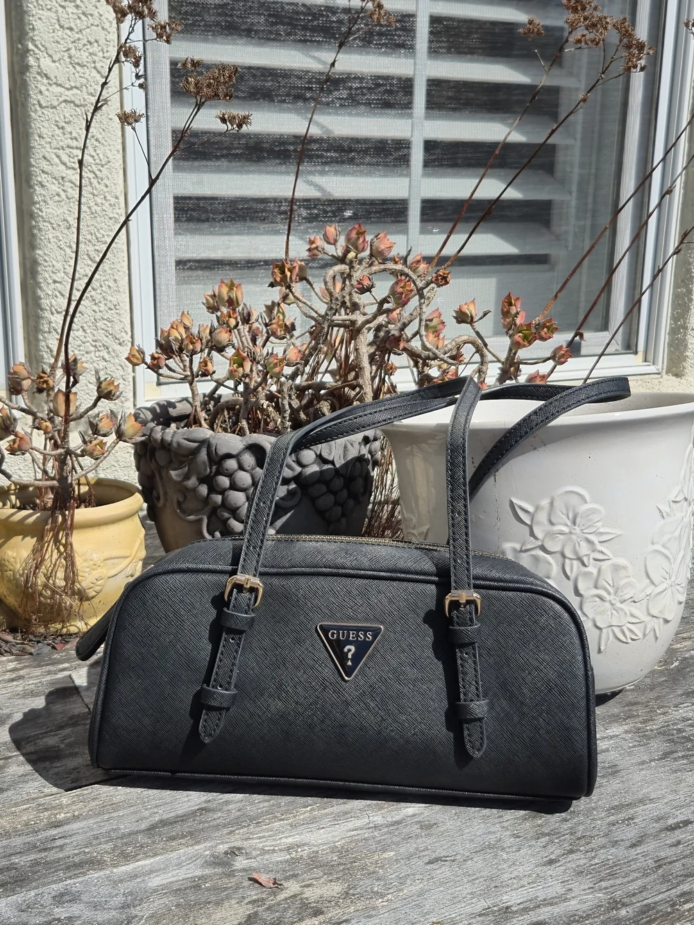 Mini GUESS Black Saffiano Leather Top-Handle Shoulder Bag